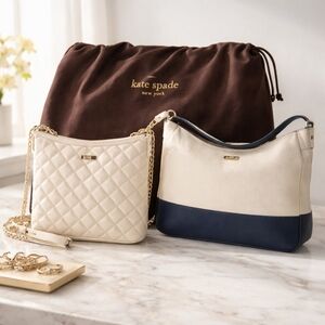 Kate Spade 2fer Cream and Navy Pebbled Leather And Quilted Leather Bags EUC
